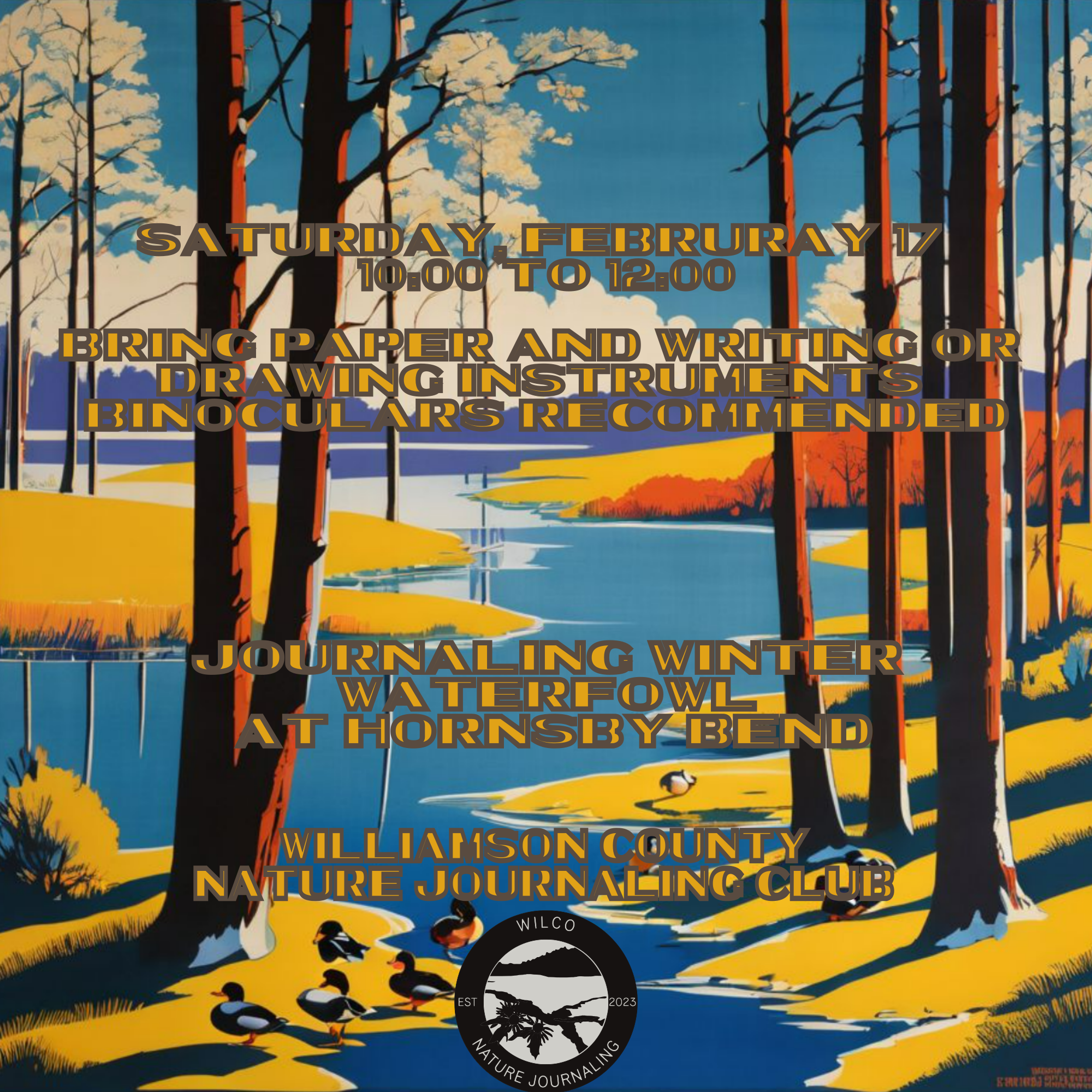Illustrated flyer announcing event location, title, and time